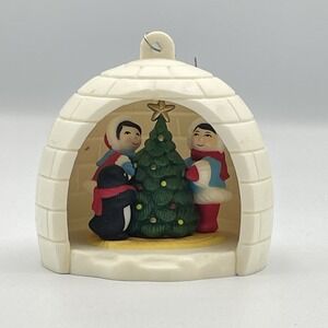 1983 Avon Winter Fun Christmas Ornament Eskimos & Penguin Igloo Vintage